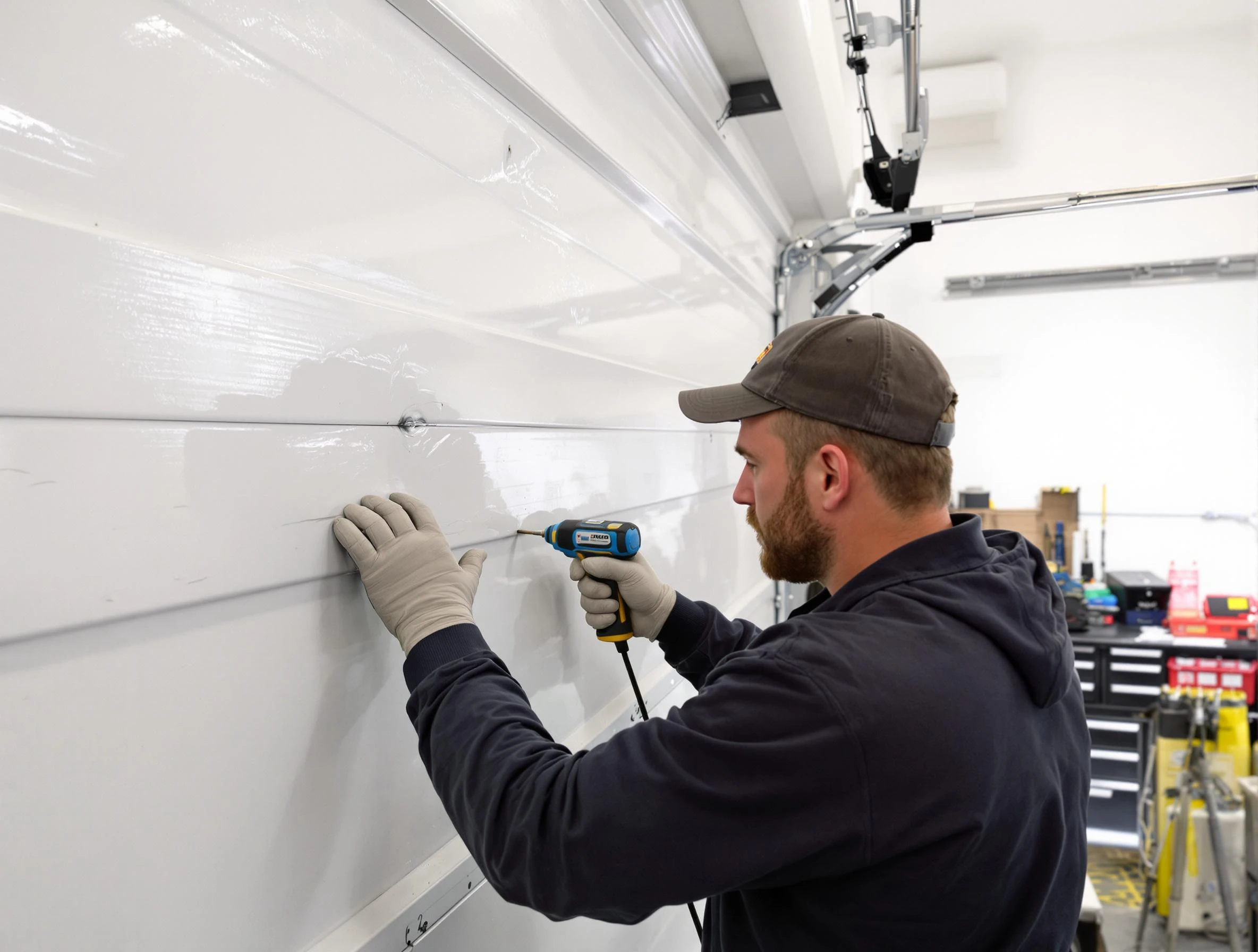 Stonecrest Garage Door Repair technician demonstrating precision dent removal techniques on a Stonecrest garage door