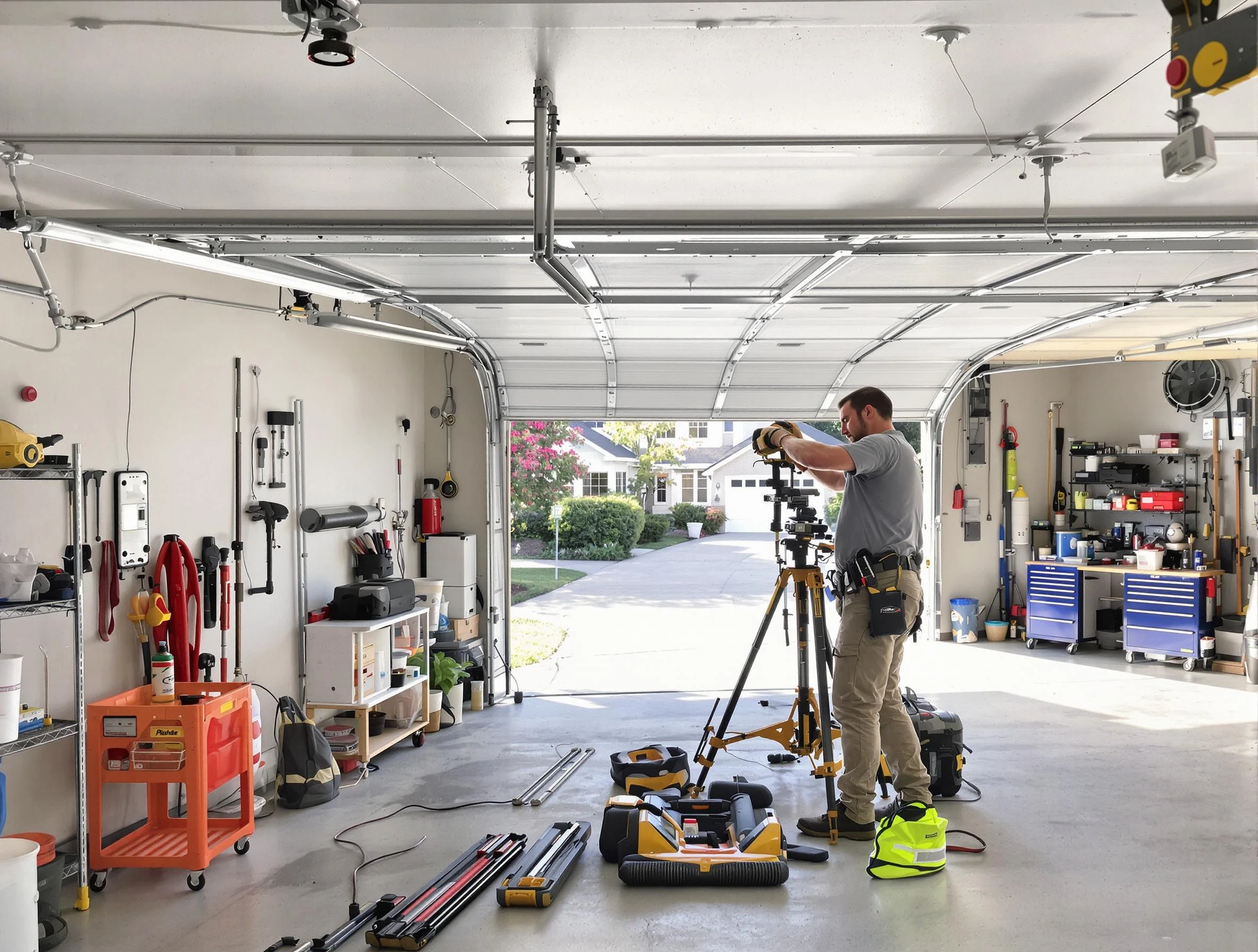 Stonecrest Garage Door Repair specialist performing laser-guided track alignment in Stonecrest